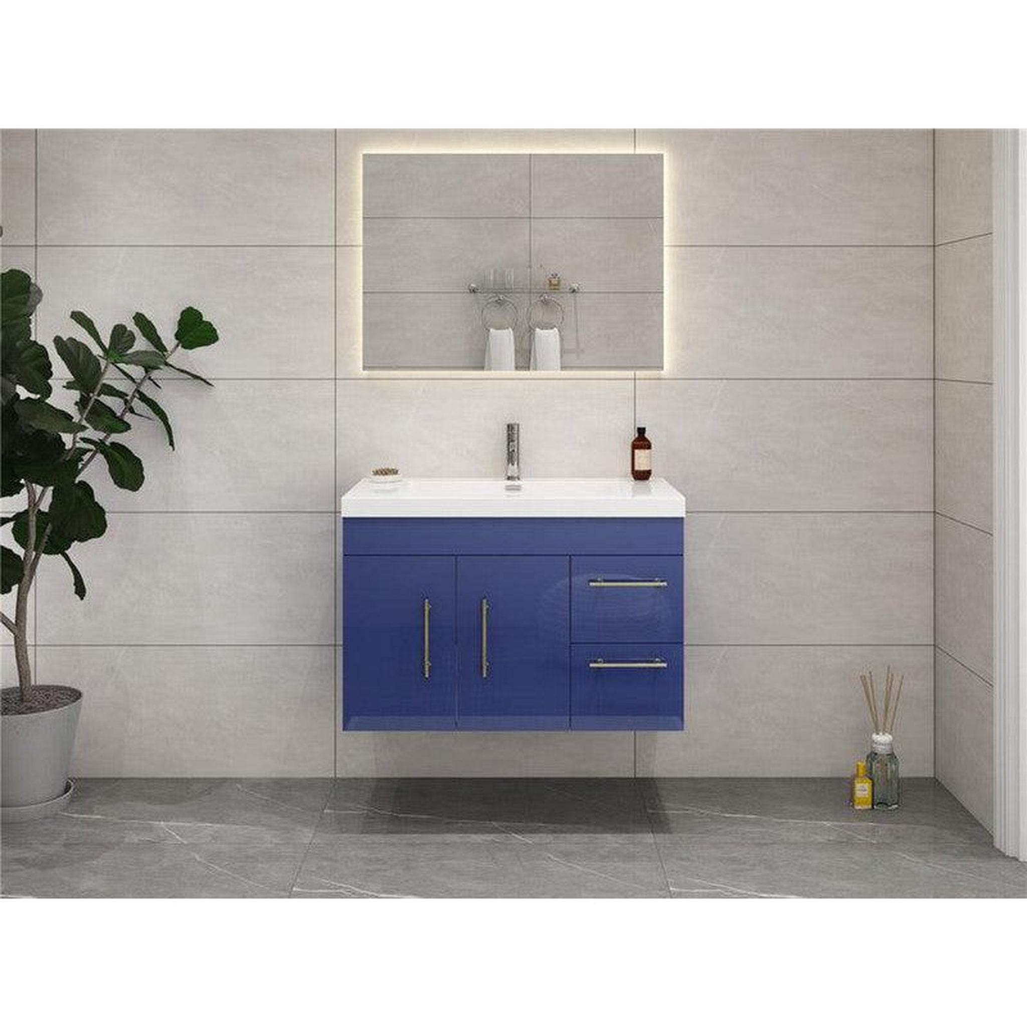 Elara 36&quot; High Gloss Night Blue Wall-Mounted Vanity With Right Side Drawers and Single Reinforced White Acrylic Sink