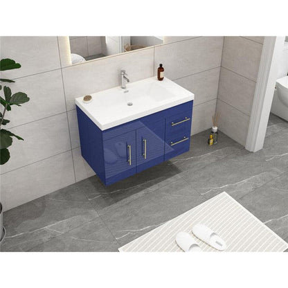 Elara 36&quot; High Gloss Night Blue Wall-Mounted Vanity With Right Side Drawers and Single Reinforced White Acrylic Sink