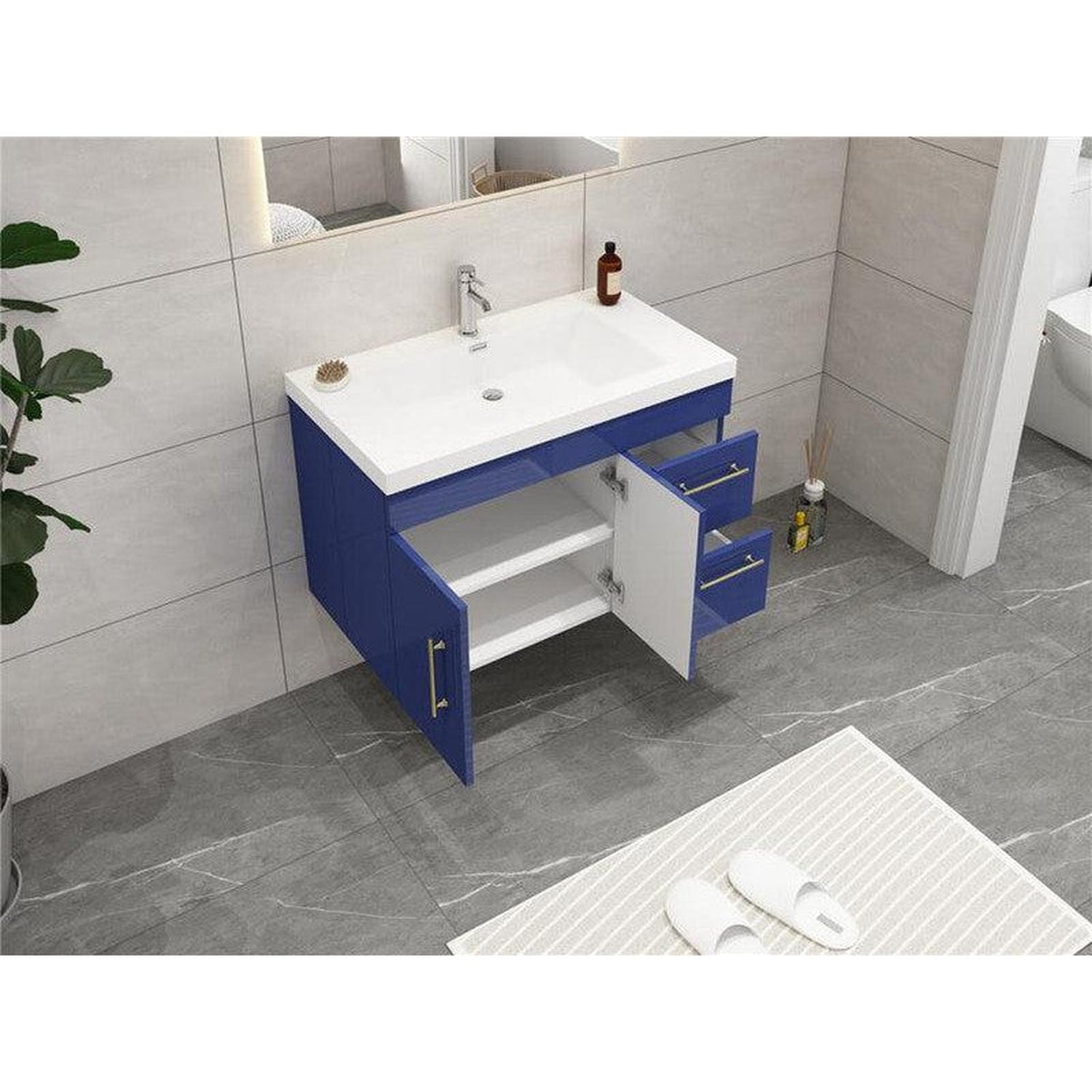 Elara 36&quot; High Gloss Night Blue Wall-Mounted Vanity With Right Side Drawers and Single Reinforced White Acrylic Sink