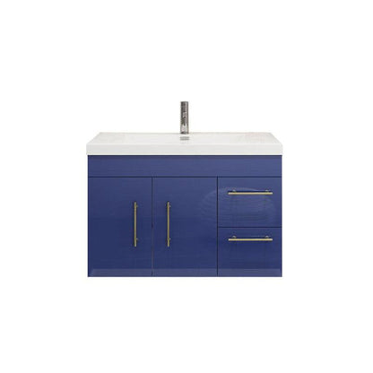 Elara 36&quot; High Gloss Night Blue Wall-Mounted Vanity With Right Side Drawers and Single Reinforced White Acrylic Sink