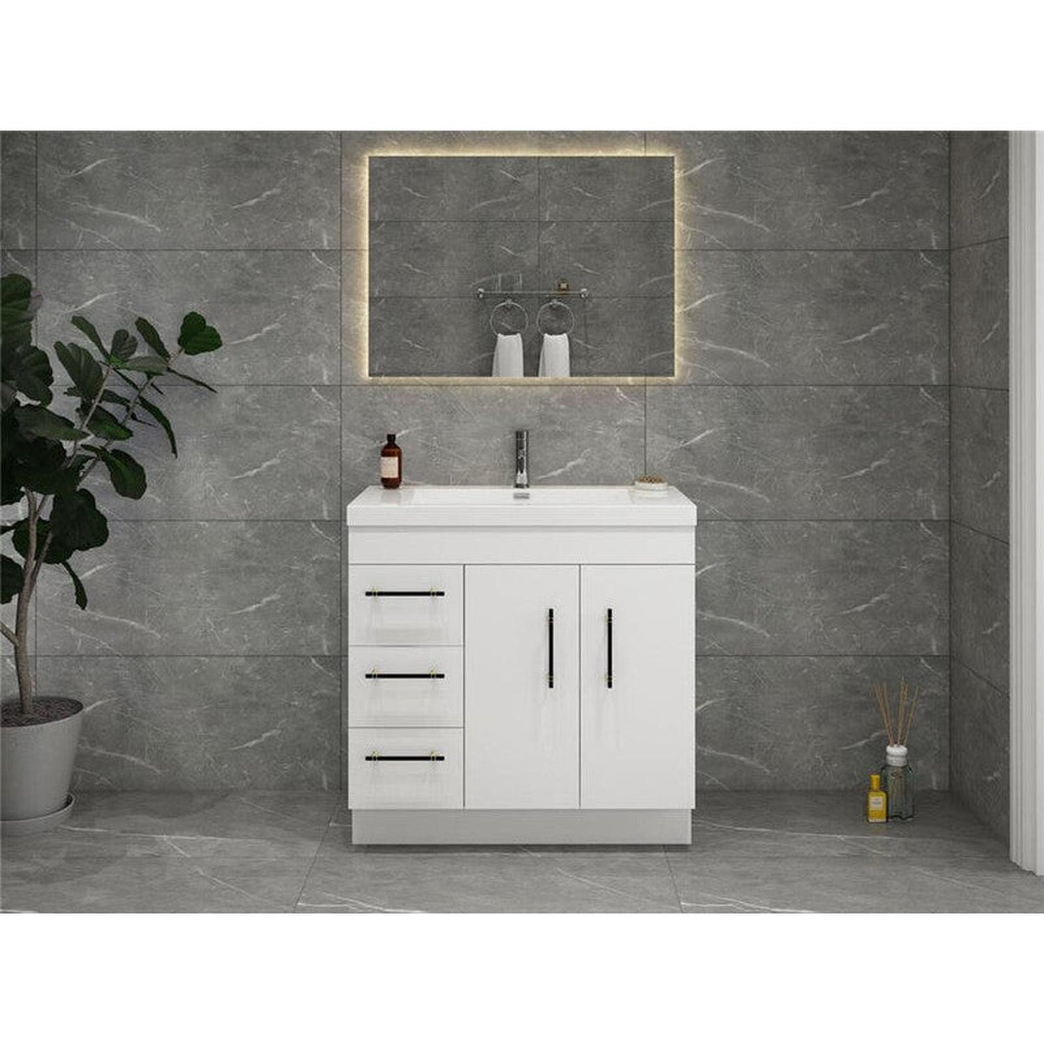 Elara 36&quot; High Gloss White Freestanding Vanity With Left Side Drawers and Single Reinforced White Acrylic Sink