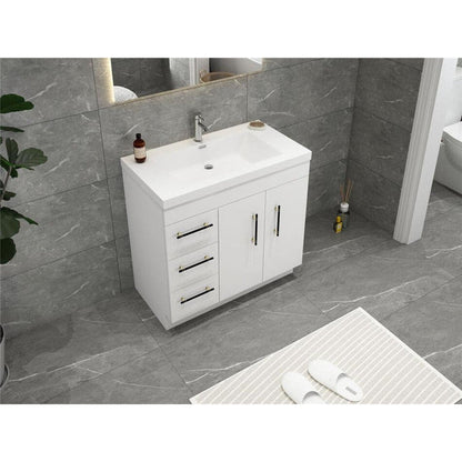 Elara 36&quot; High Gloss White Freestanding Vanity With Left Side Drawers and Single Reinforced White Acrylic Sink