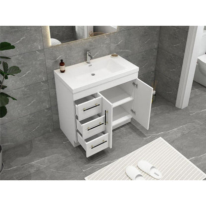 Elara 36&quot; High Gloss White Freestanding Vanity With Left Side Drawers and Single Reinforced White Acrylic Sink