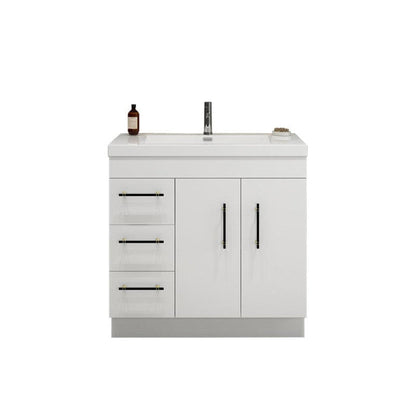 Elara 36&quot; High Gloss White Freestanding Vanity With Left Side Drawers and Single Reinforced White Acrylic Sink