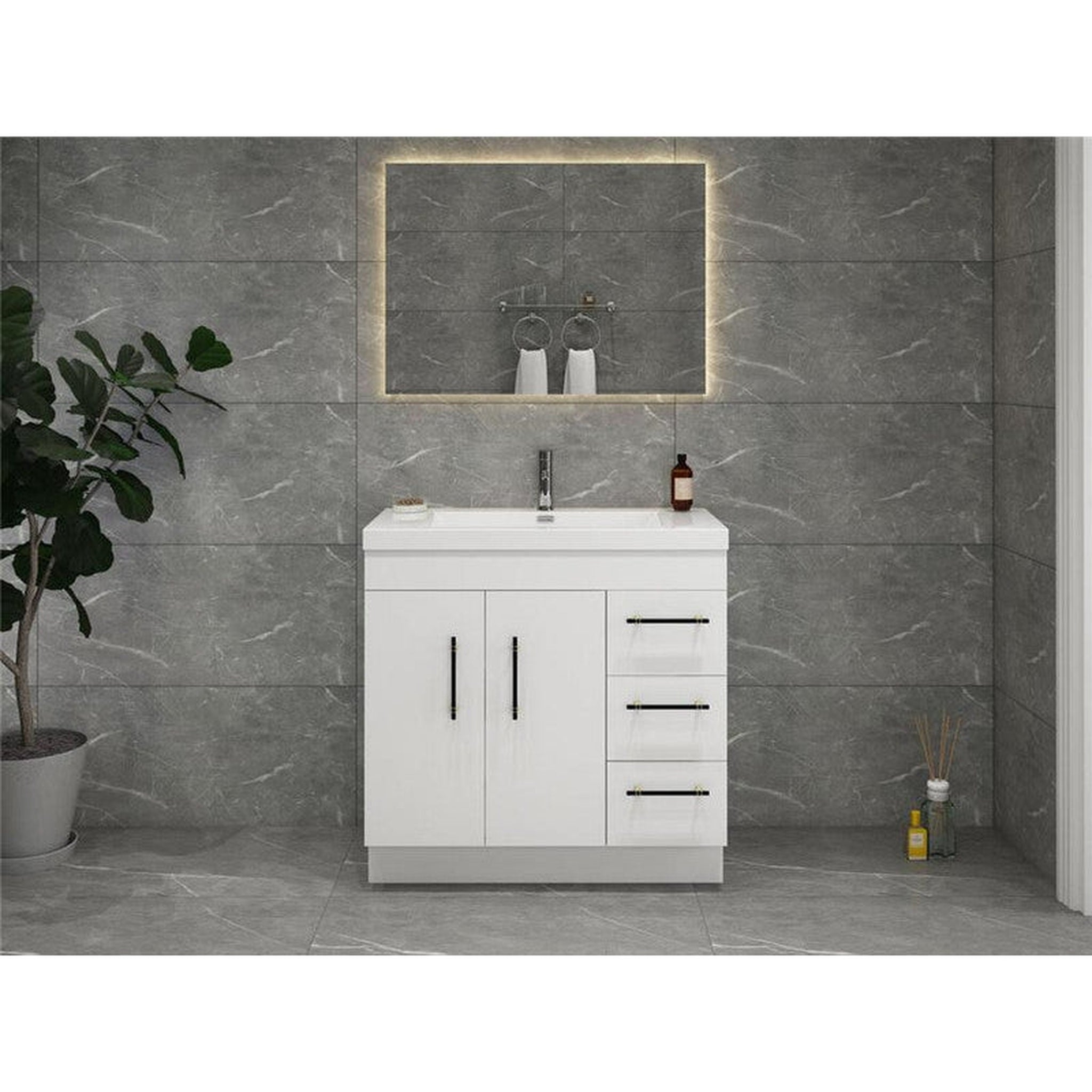 Elara 36&quot; High Gloss White Freestanding Vanity With Right Side Drawers and Single Reinforced White Acrylic Sink