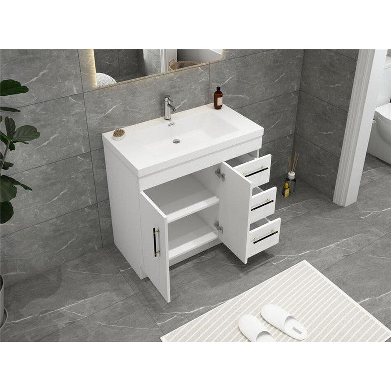 Elara 36&quot; High Gloss White Freestanding Vanity With Right Side Drawers and Single Reinforced White Acrylic Sink