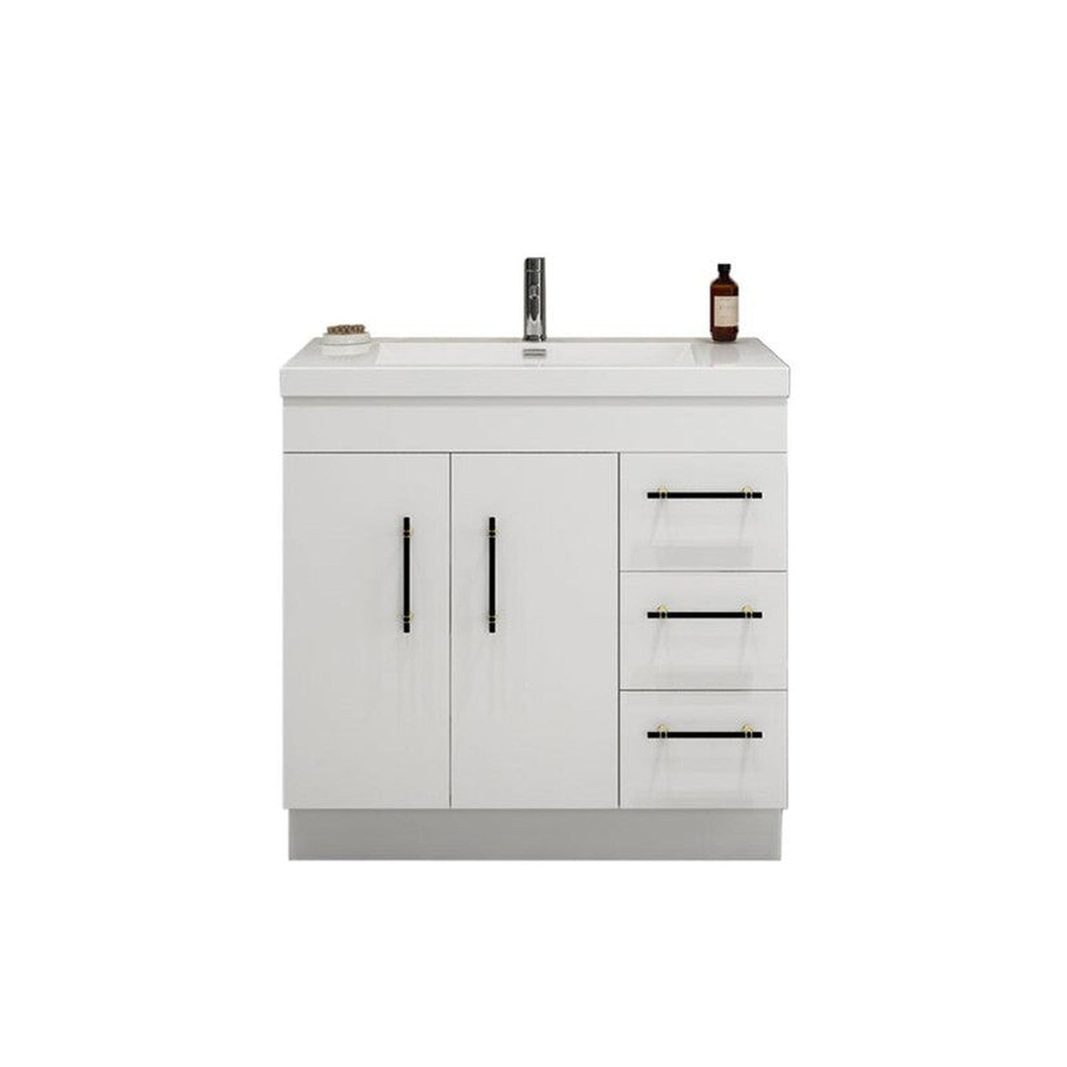 Elara 36&quot; High Gloss White Freestanding Vanity With Right Side Drawers and Single Reinforced White Acrylic Sink