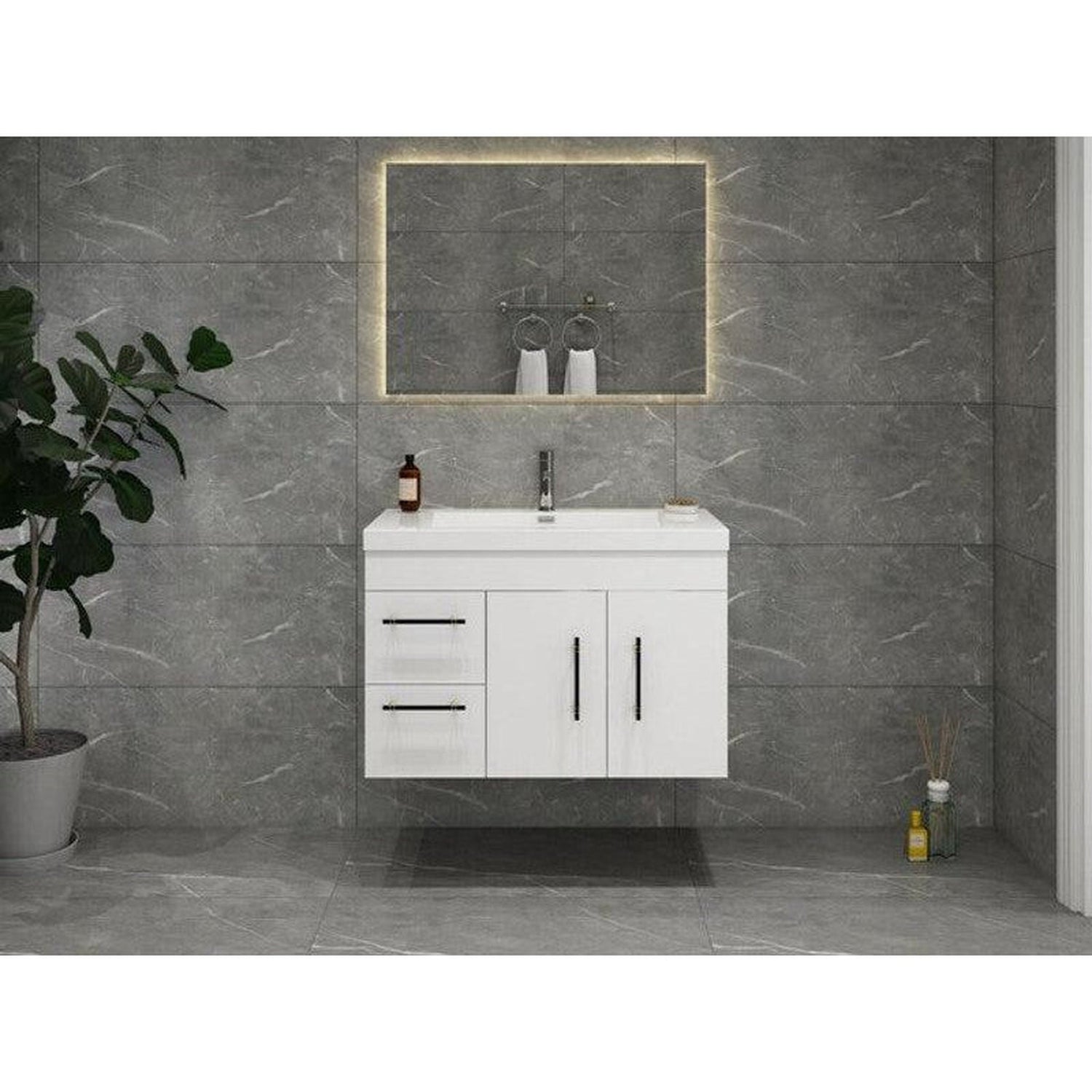 Elara 36&quot; High Gloss White Wall-Mounted Vanity With Left Side Drawers and Single Reinforced White Acrylic Sink