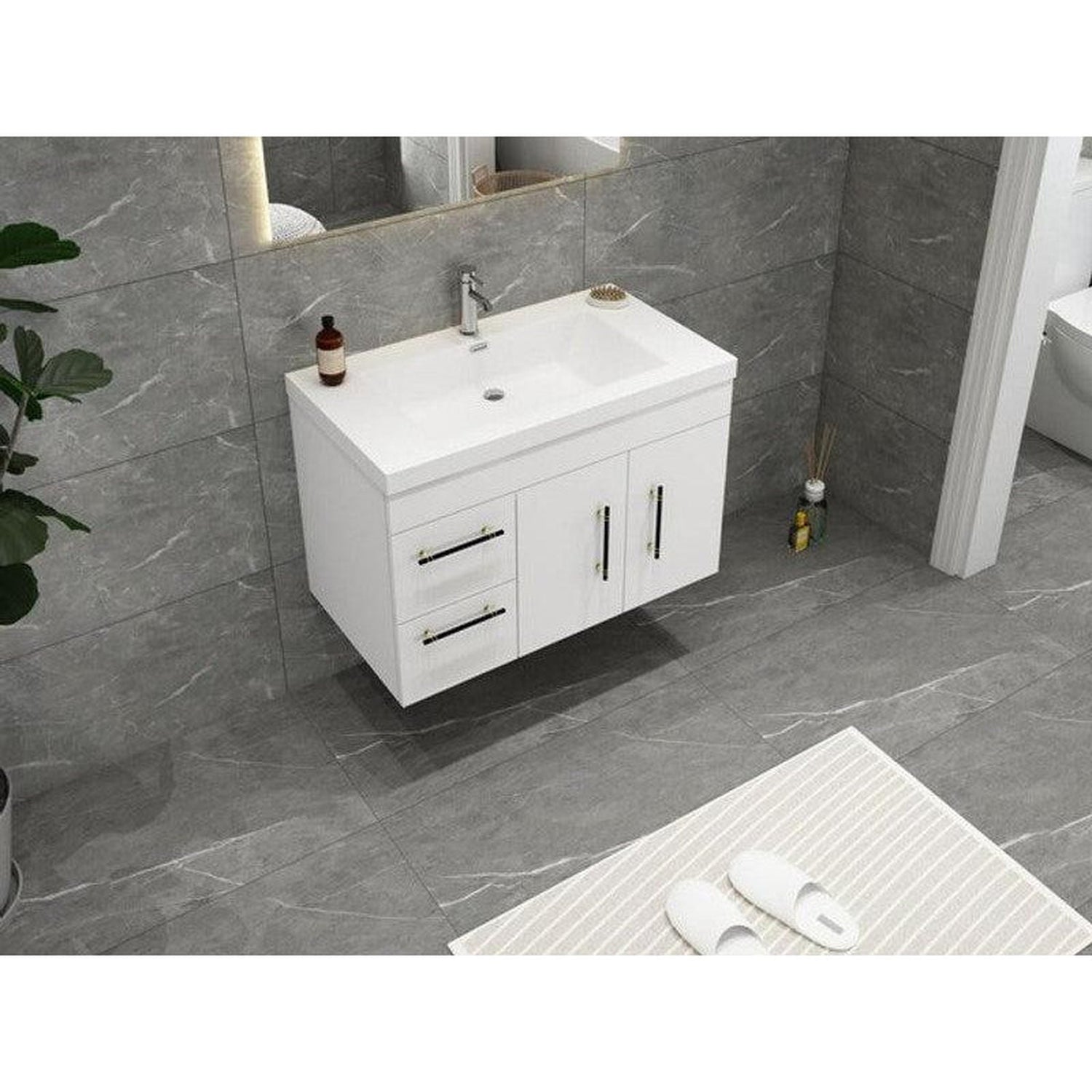 Elara 36&quot; High Gloss White Wall-Mounted Vanity With Left Side Drawers and Single Reinforced White Acrylic Sink