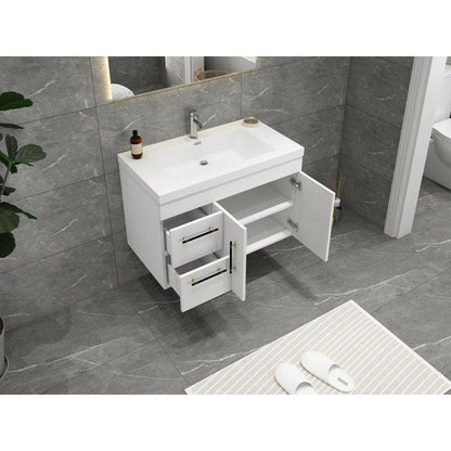 Elara 36&quot; High Gloss White Wall-Mounted Vanity With Left Side Drawers and Single Reinforced White Acrylic Sink