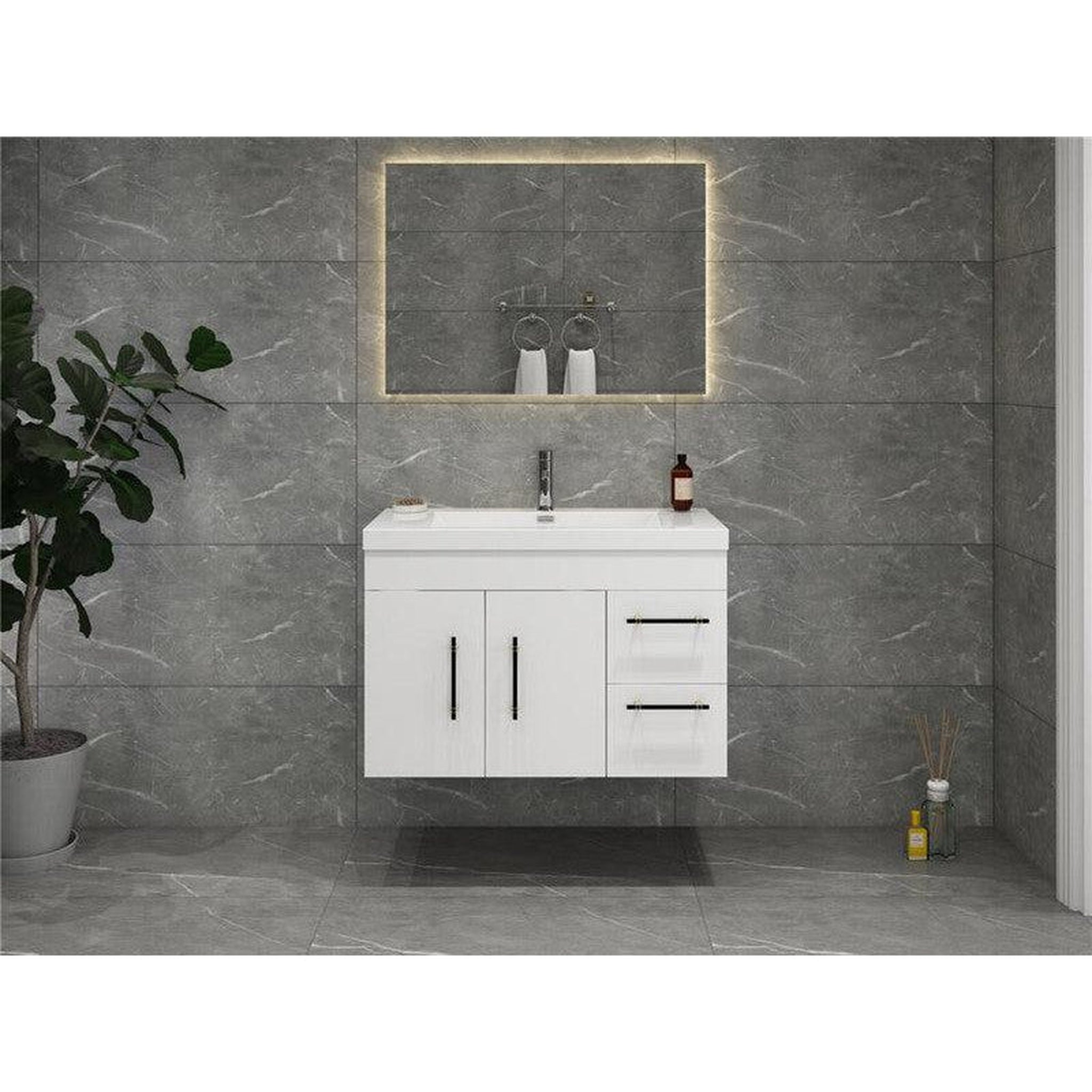 Elara 36&quot; High Gloss White Wall-Mounted Vanity With Right Side Drawers and Single Reinforced White Acrylic Sink