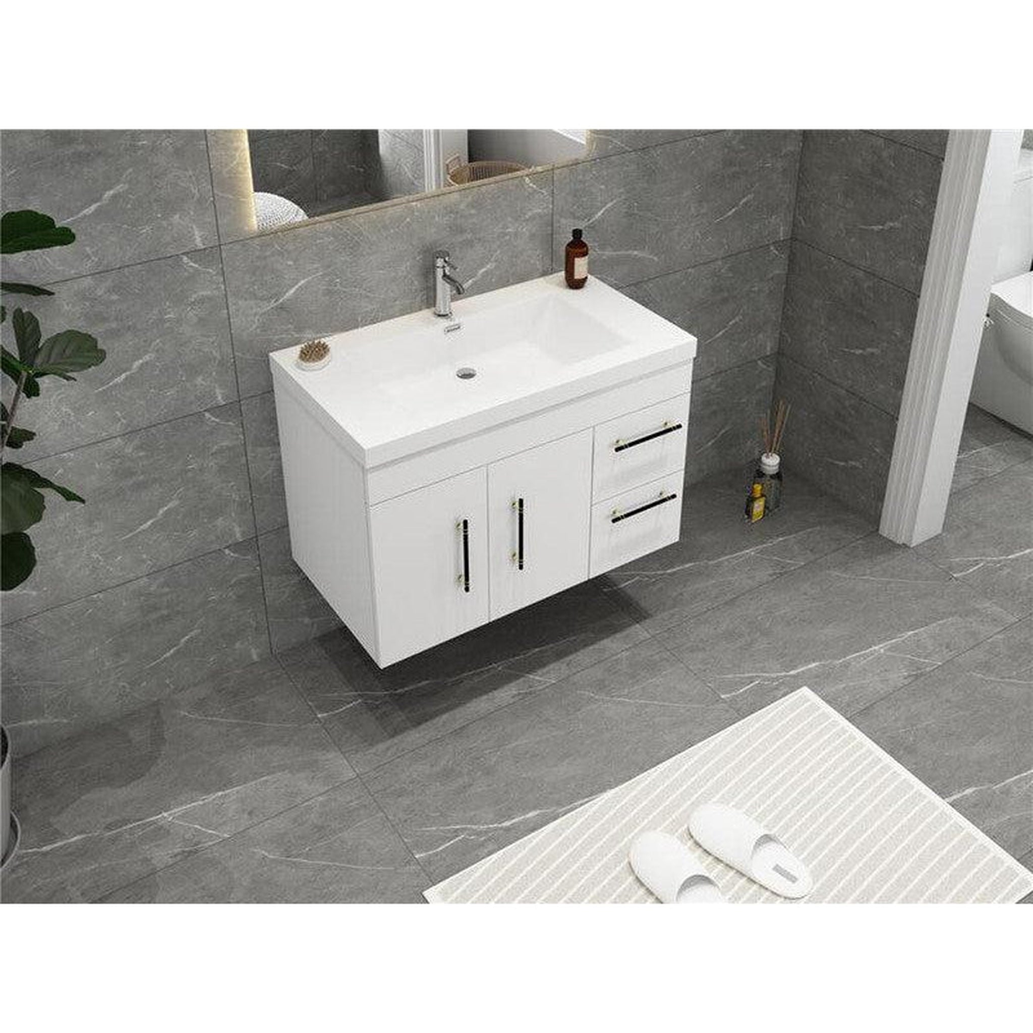 Elara 36&quot; High Gloss White Wall-Mounted Vanity With Right Side Drawers and Single Reinforced White Acrylic Sink