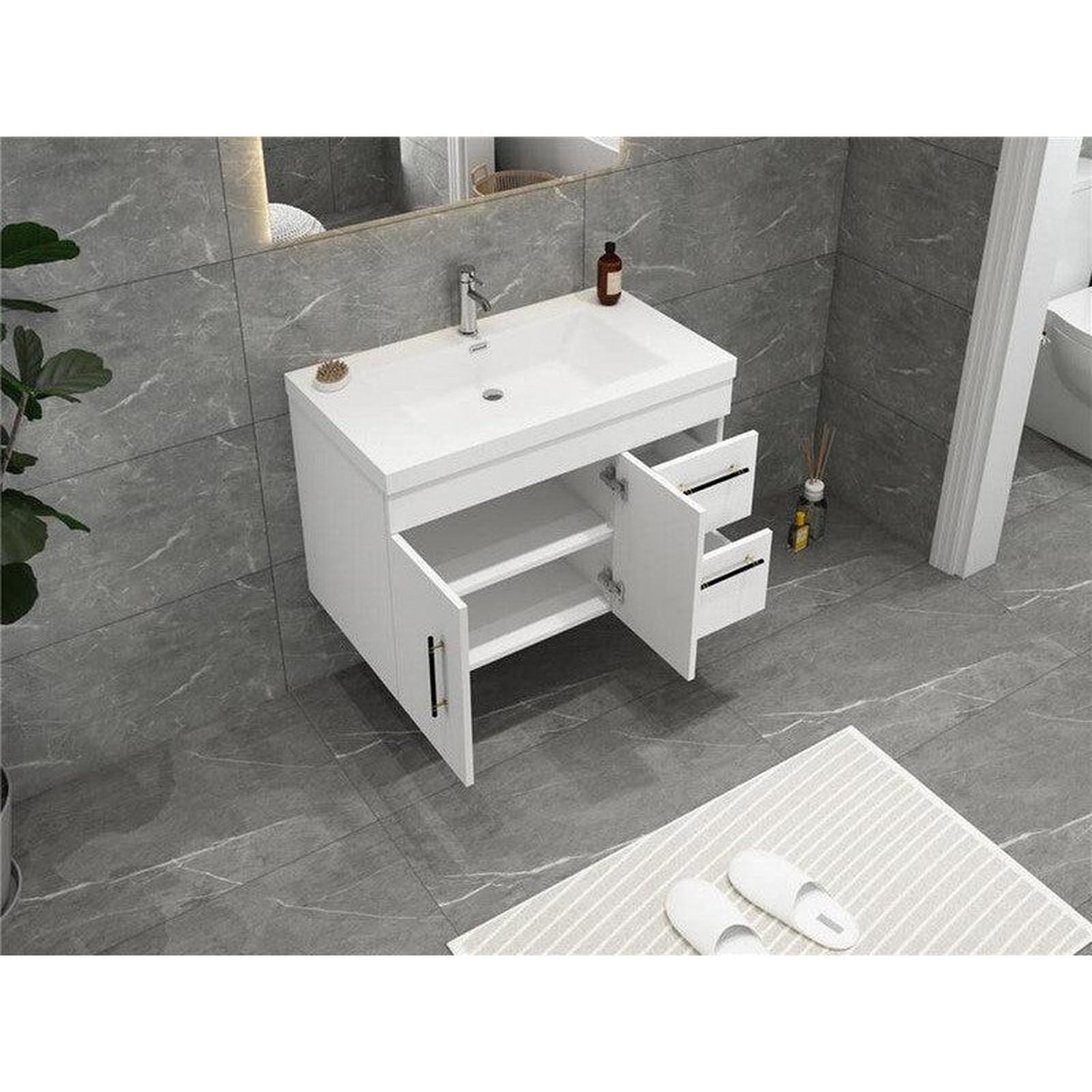 Elara 36&quot; High Gloss White Wall-Mounted Vanity With Right Side Drawers and Single Reinforced White Acrylic Sink