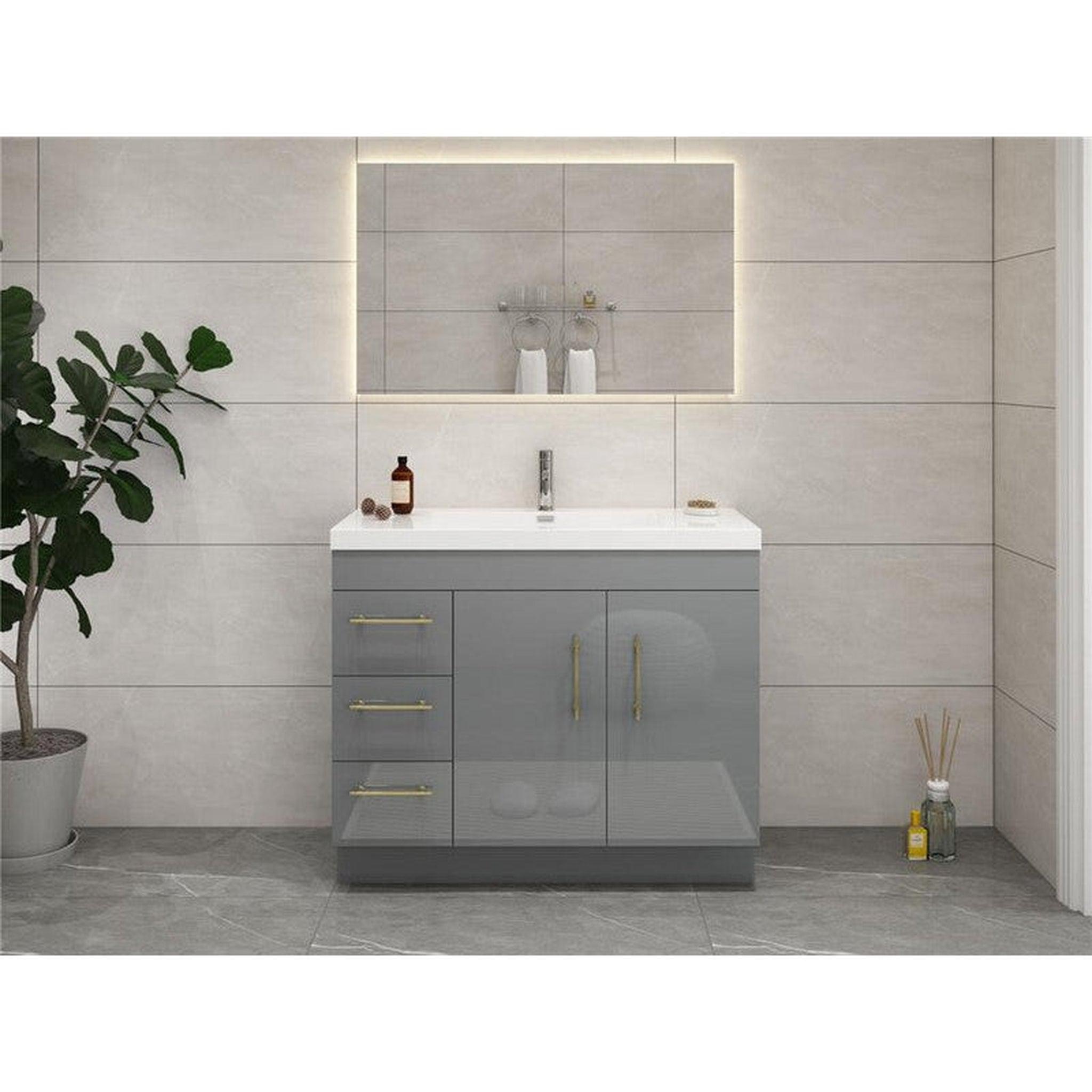 Elara 42&quot; High Gloss Gray Freestanding Vanity With Left Side Drawers and Single Reinforced White Acrylic Sink