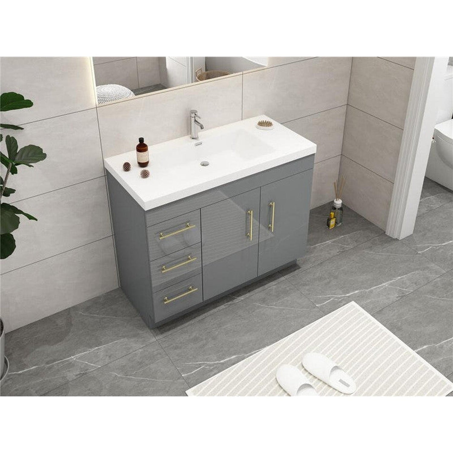 Elara 42&quot; High Gloss Gray Freestanding Vanity With Left Side Drawers and Single Reinforced White Acrylic Sink