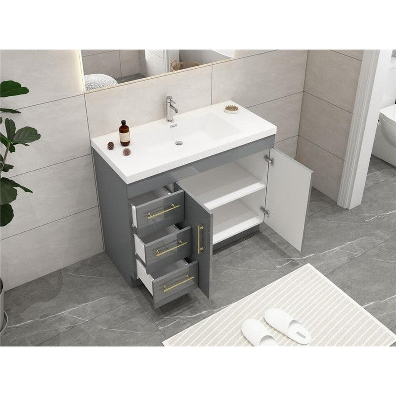 Elara 42&quot; High Gloss Gray Freestanding Vanity With Left Side Drawers and Single Reinforced White Acrylic Sink