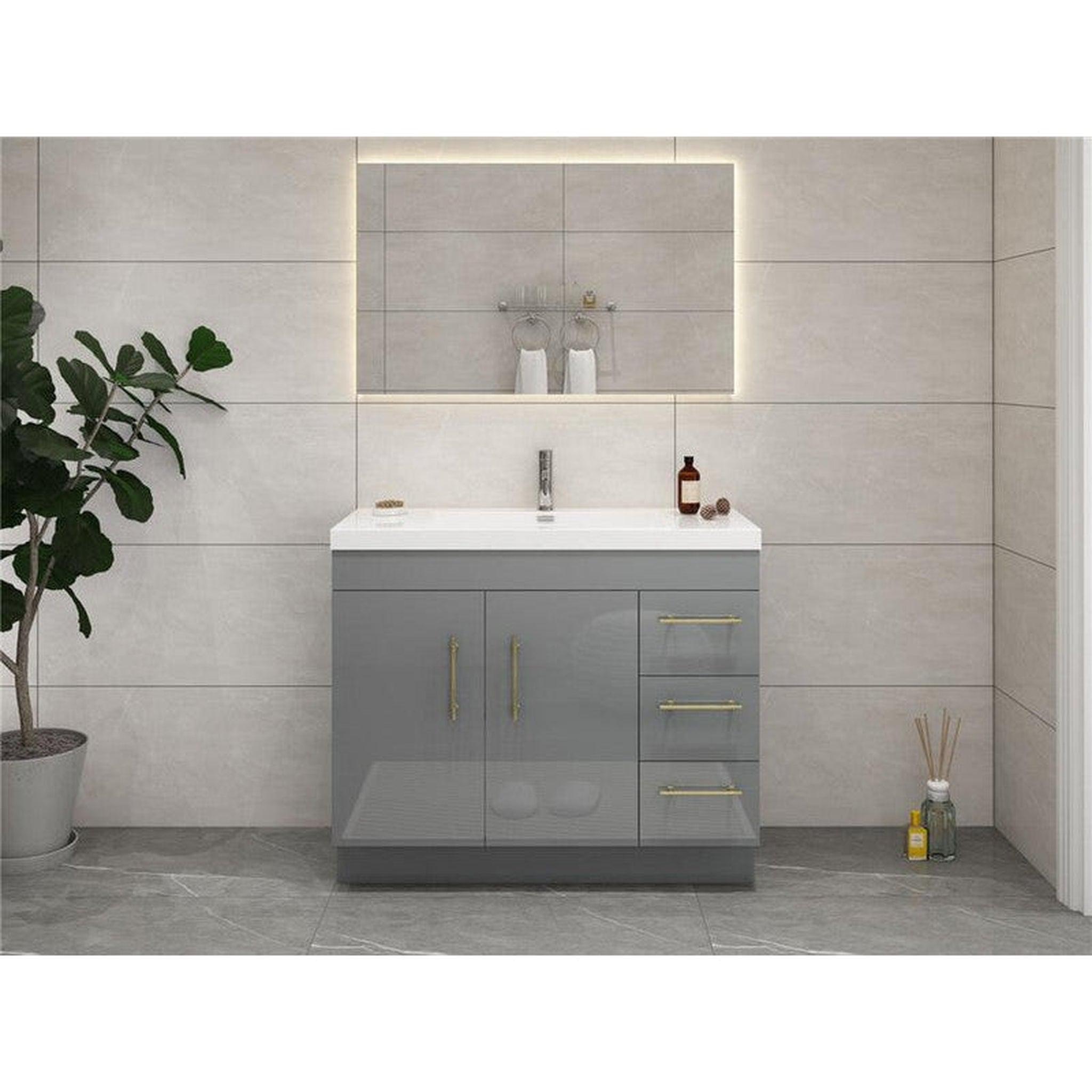 Elara 42&quot; High Gloss Gray Freestanding Vanity With Right Side Drawers and Single Reinforced White Acrylic Sink