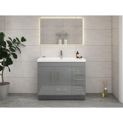 Elara 42&quot; High Gloss Gray Freestanding Vanity With Right Side Drawers and Single Reinforced White Acrylic Sink