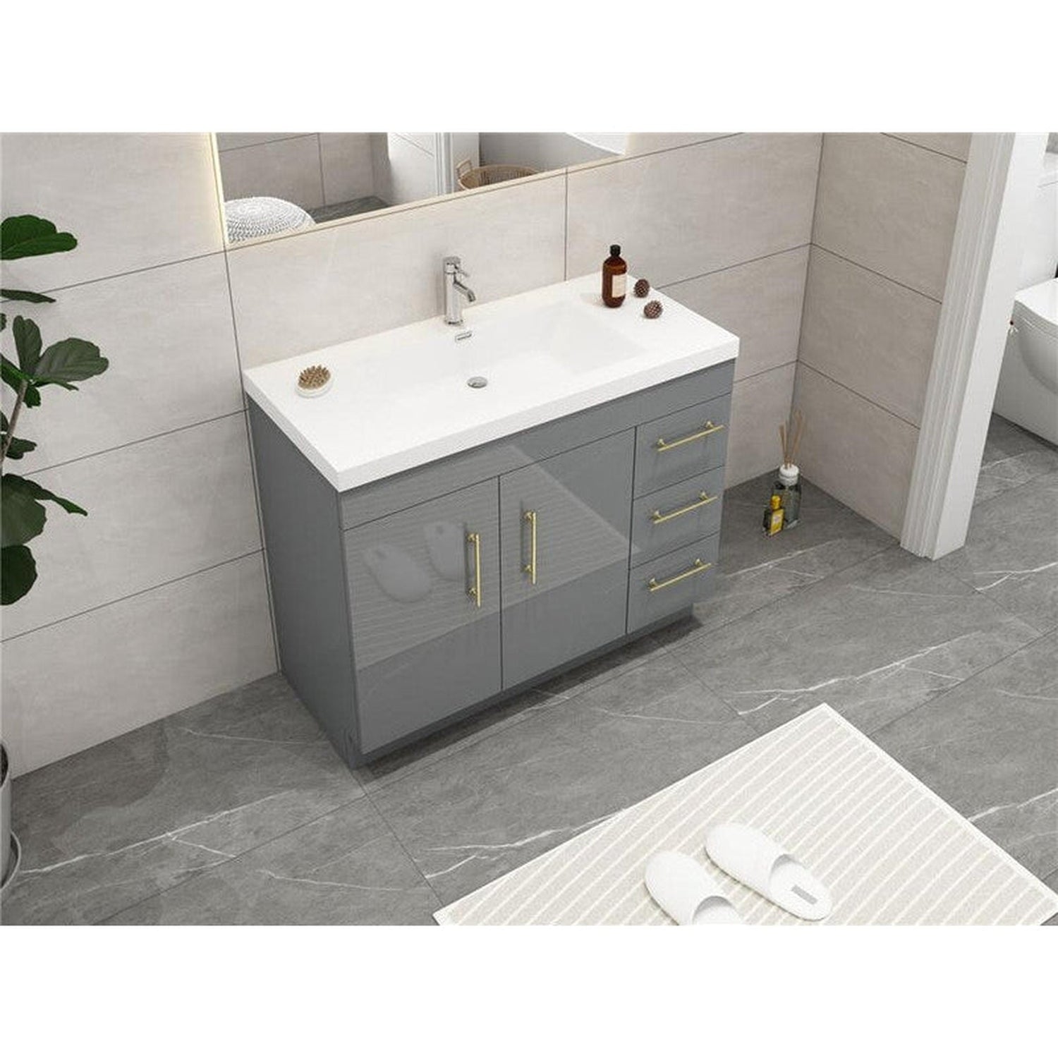 Elara 42&quot; High Gloss Gray Freestanding Vanity With Right Side Drawers and Single Reinforced White Acrylic Sink