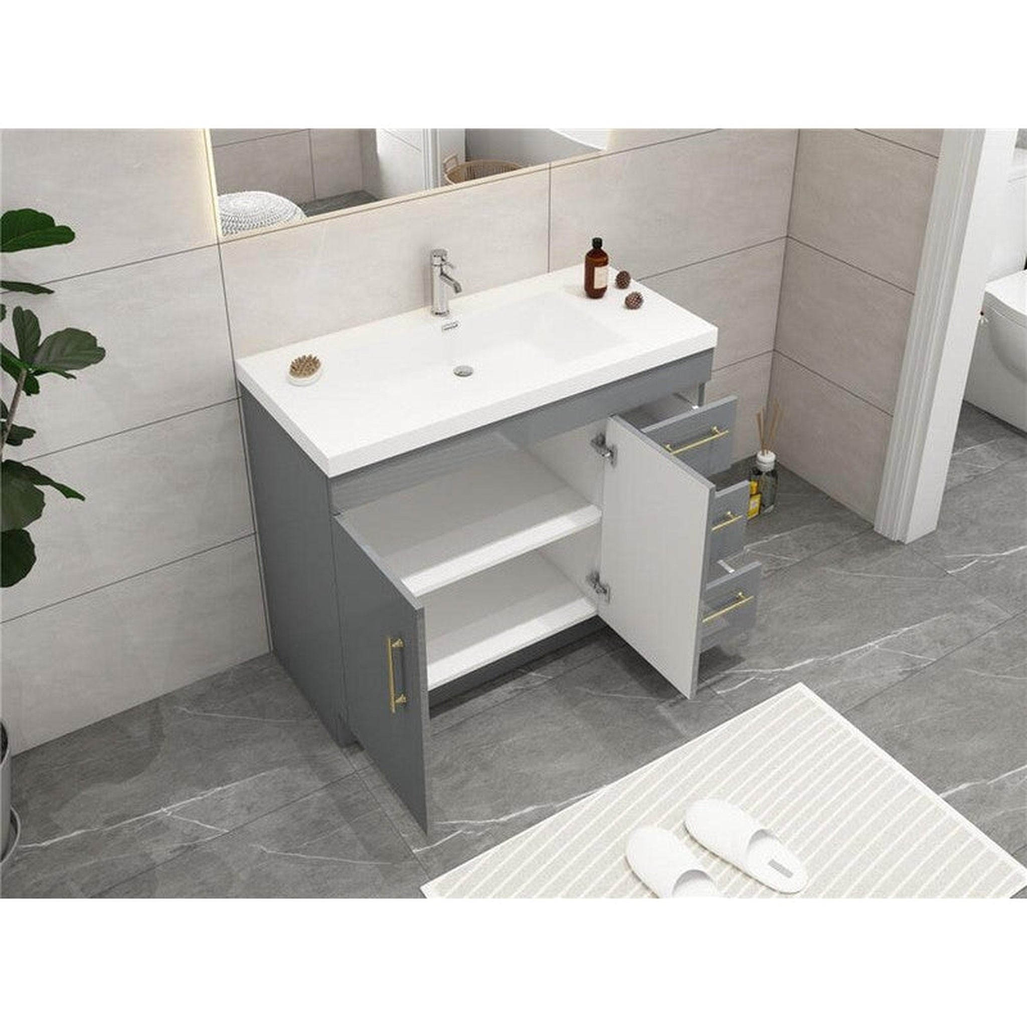 Elara 42&quot; High Gloss Gray Freestanding Vanity With Right Side Drawers and Single Reinforced White Acrylic Sink