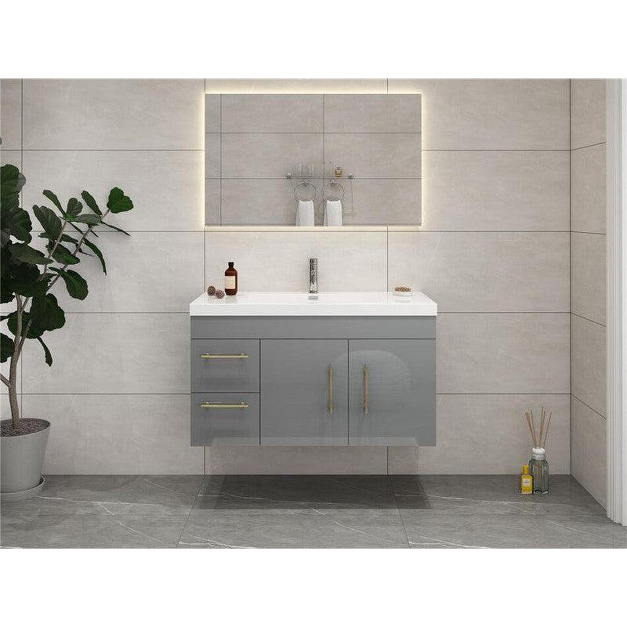 Elara 42&quot; High Gloss Gray Wall-Mounted Vanity With Left Side Drawers and Single Reinforced White Acrylic Sink