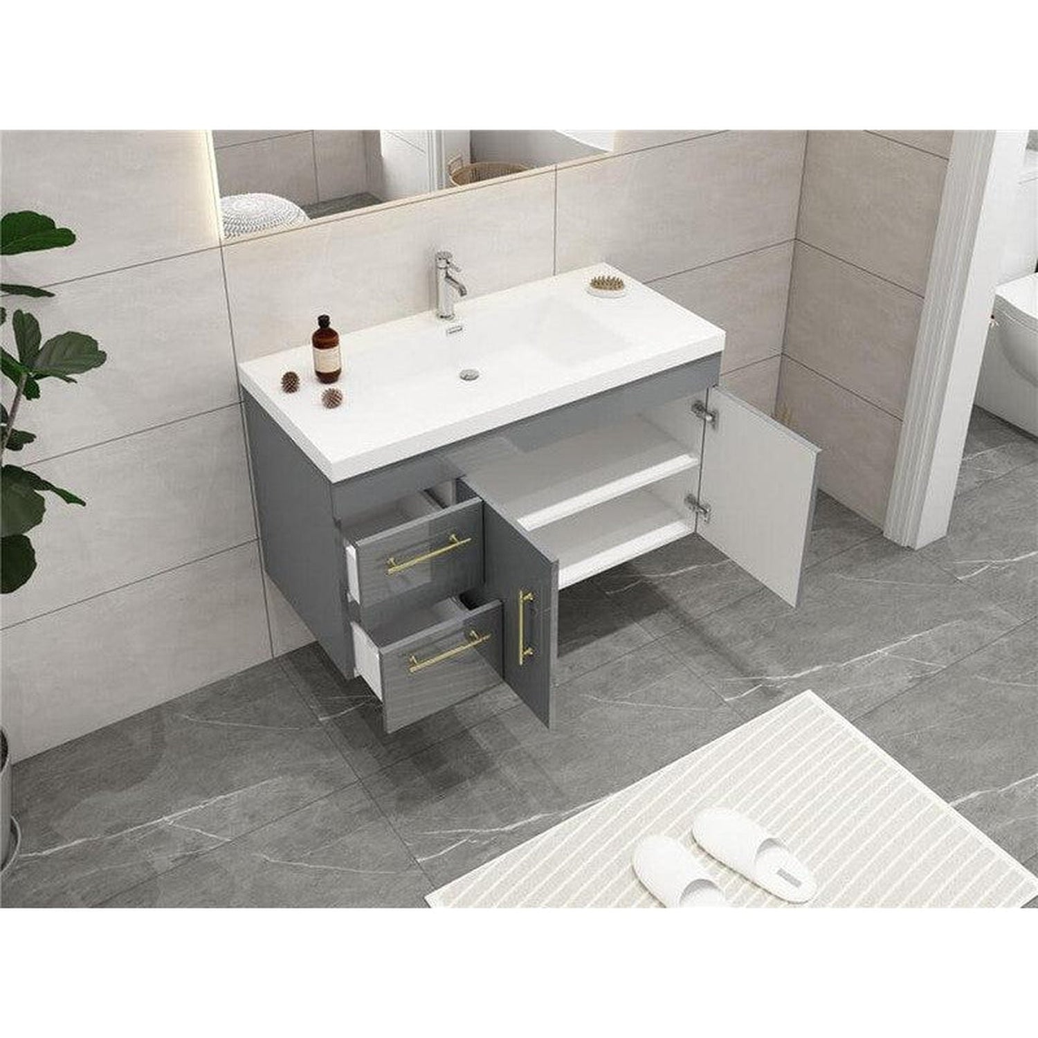 Elara 42&quot; High Gloss Gray Wall-Mounted Vanity With Left Side Drawers and Single Reinforced White Acrylic Sink