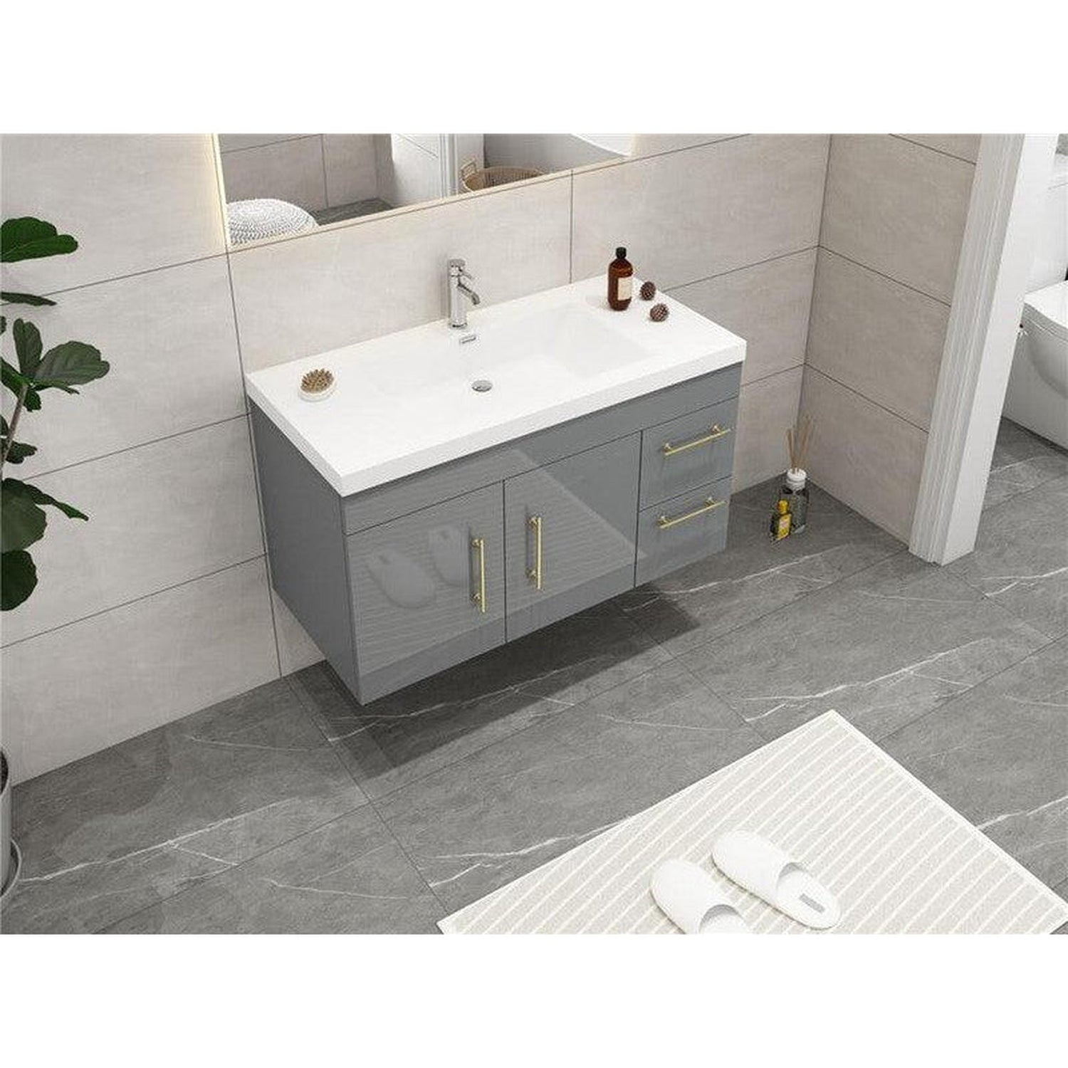 Elara 42&quot; High Gloss Gray Wall-Mounted Vanity With Right Side Drawers and Single Reinforced White Acrylic Sink