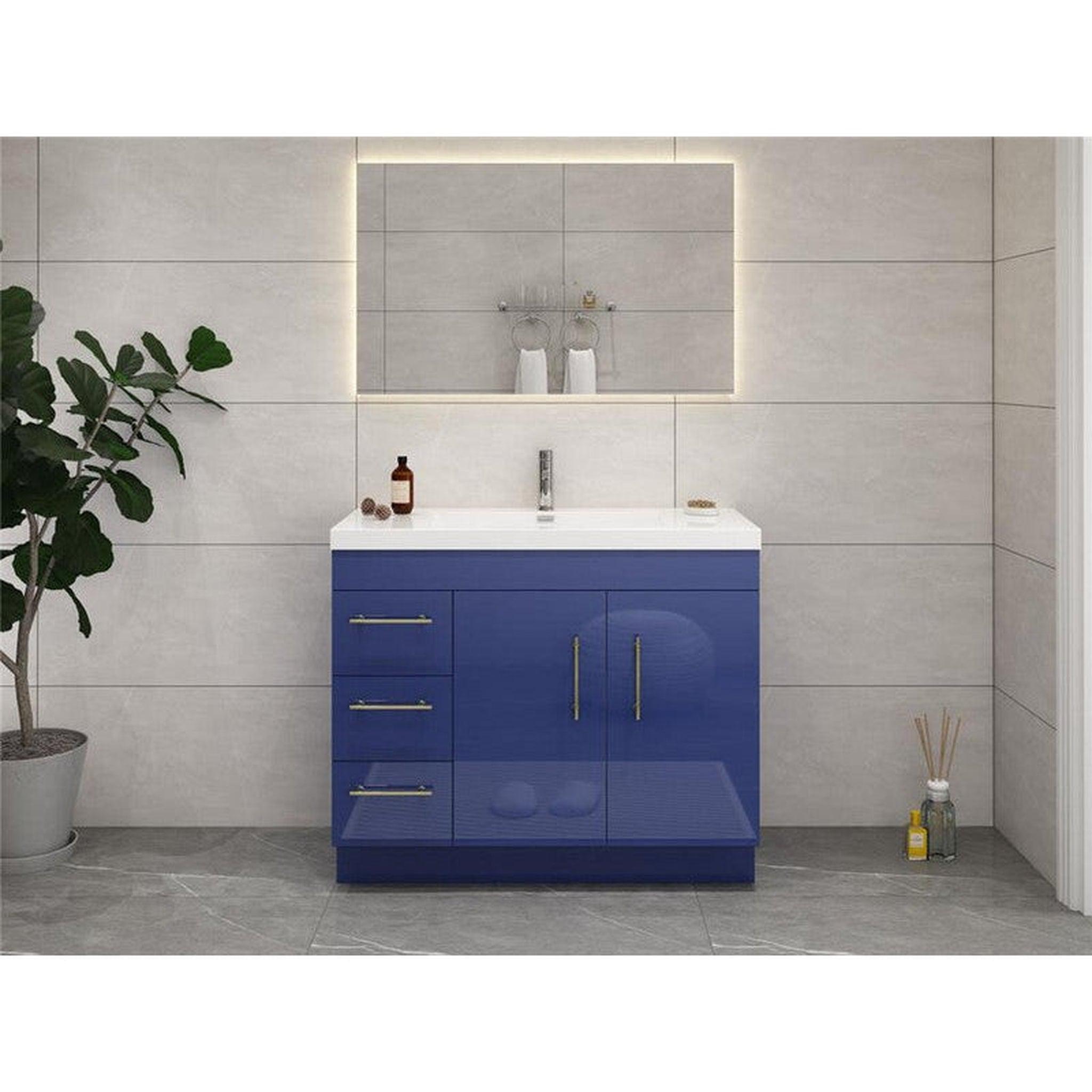 Elara 42&quot; High Gloss Night Blue Freestanding Vanity With Left Side Drawers and Single Reinforced White Acrylic Sink