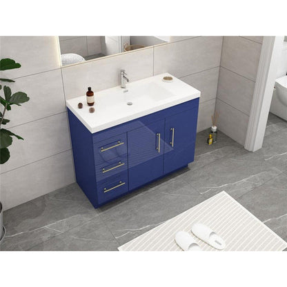 Elara 42&quot; High Gloss Night Blue Freestanding Vanity With Left Side Drawers and Single Reinforced White Acrylic Sink