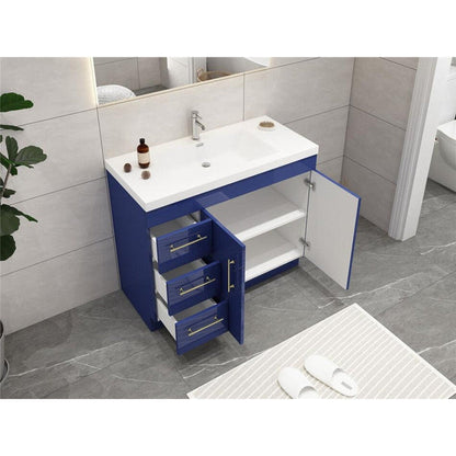 Elara 42&quot; High Gloss Night Blue Freestanding Vanity With Left Side Drawers and Single Reinforced White Acrylic Sink