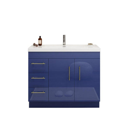 Elara 42&quot; High Gloss Night Blue Freestanding Vanity With Left Side Drawers and Single Reinforced White Acrylic Sink