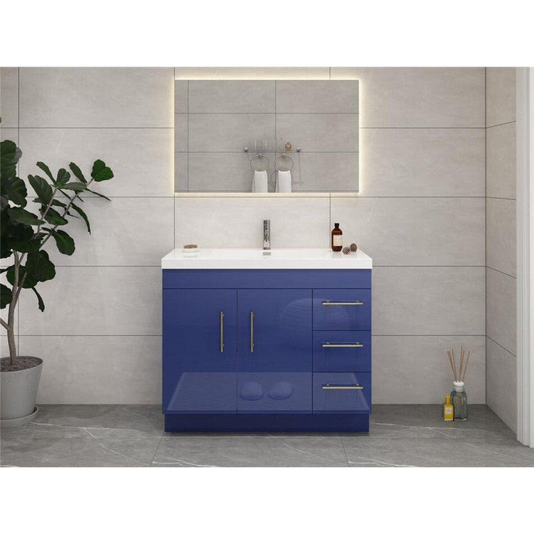 Elara 42&quot; High Gloss Night Blue Freestanding Vanity With Right Side Drawers and Single Reinforced White Acrylic Sink