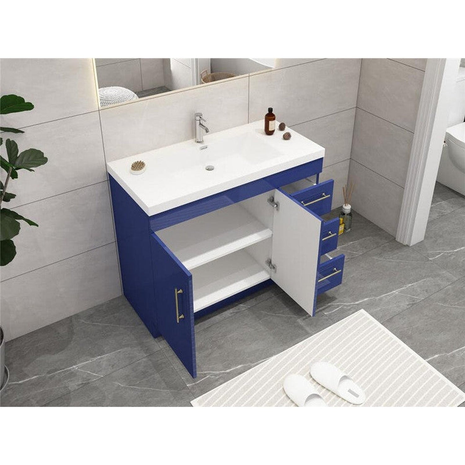 Elara 42&quot; High Gloss Night Blue Freestanding Vanity With Right Side Drawers and Single Reinforced White Acrylic Sink