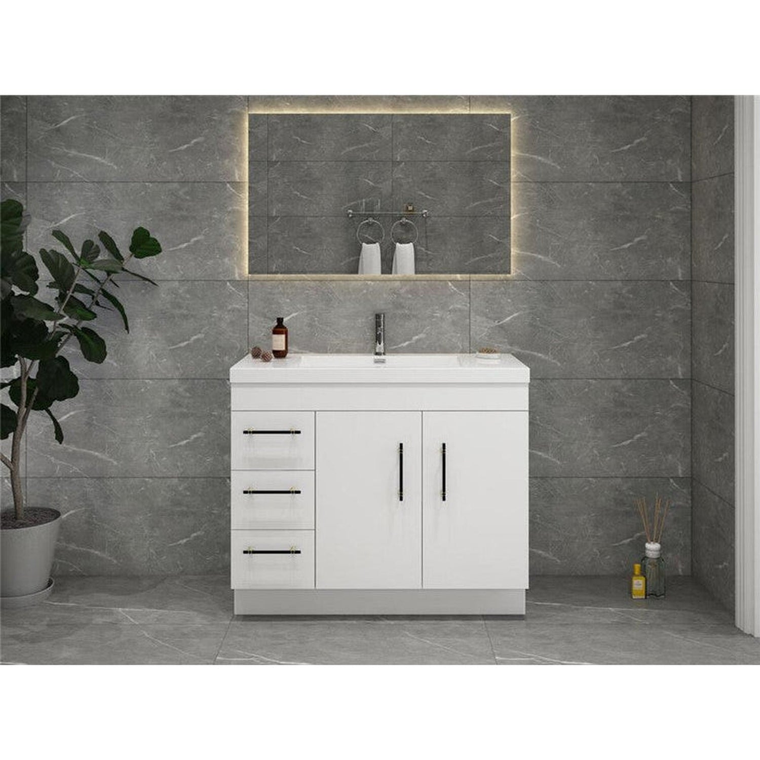 Elara 42&quot; High Gloss White Freestanding Vanity With Left Side Drawers and Single Reinforced White Acrylic Sink