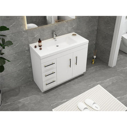 Elara 42&quot; High Gloss White Freestanding Vanity With Left Side Drawers and Single Reinforced White Acrylic Sink