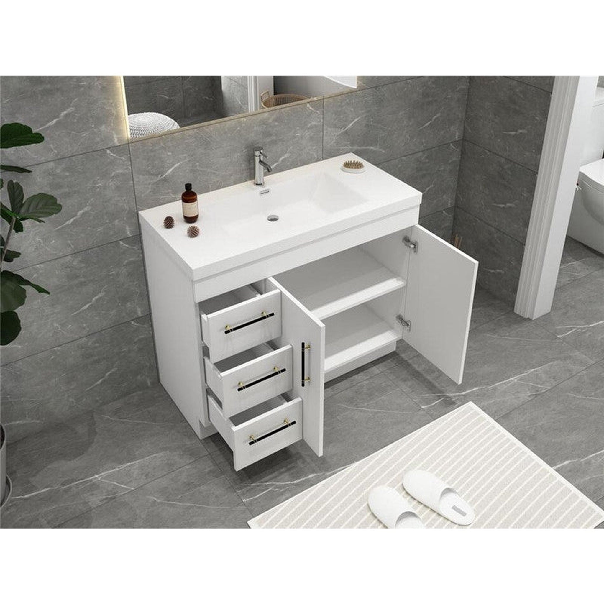 Elara 42&quot; High Gloss White Freestanding Vanity With Left Side Drawers and Single Reinforced White Acrylic Sink