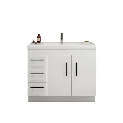 Elara 42&quot; High Gloss White Freestanding Vanity With Left Side Drawers and Single Reinforced White Acrylic Sink