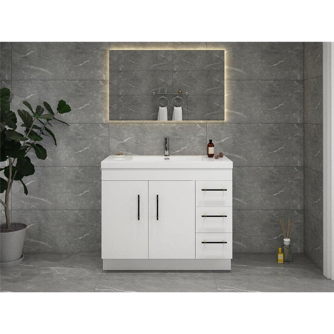 Elara 42&quot; High Gloss White Freestanding Vanity With Right Side Drawers and Single Reinforced White Acrylic Sink