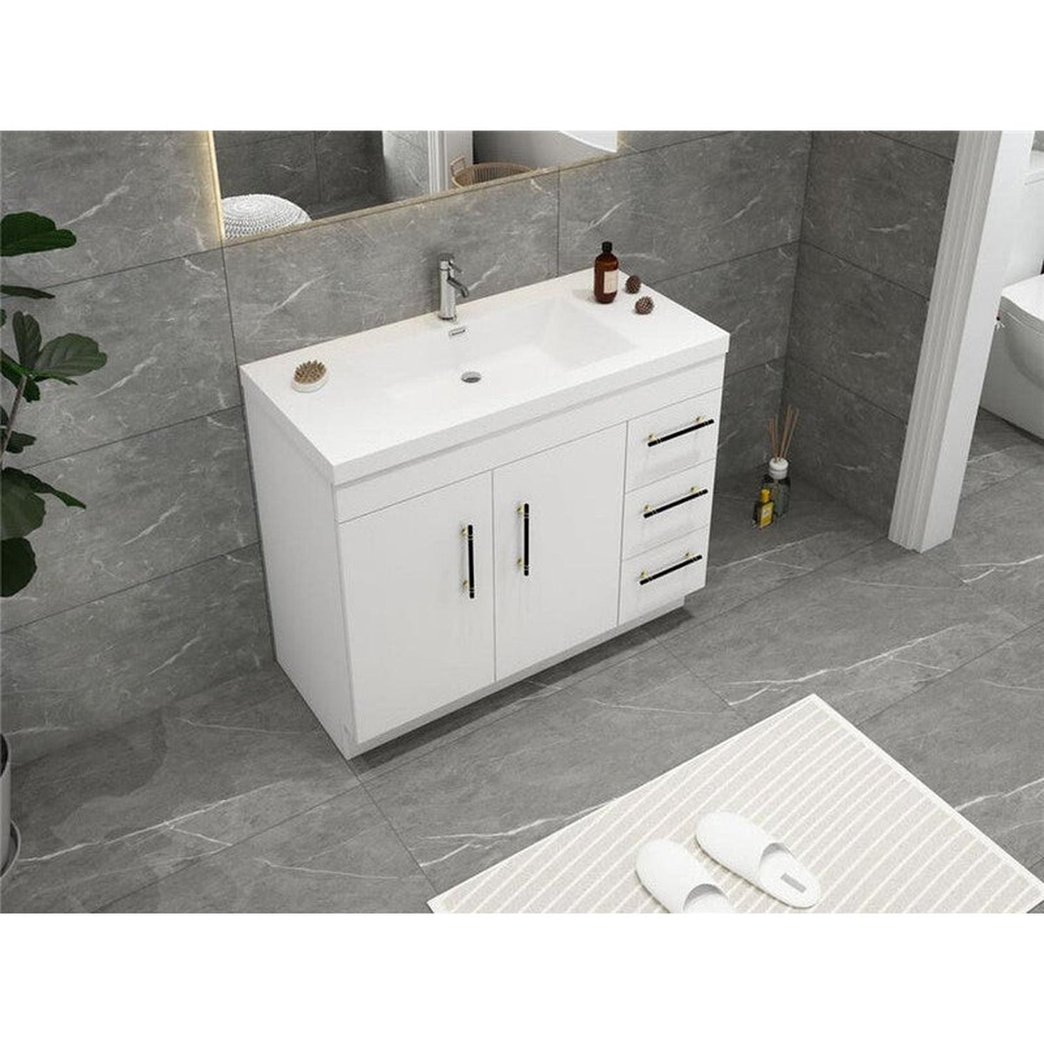 Elara 42&quot; High Gloss White Freestanding Vanity With Right Side Drawers and Single Reinforced White Acrylic Sink