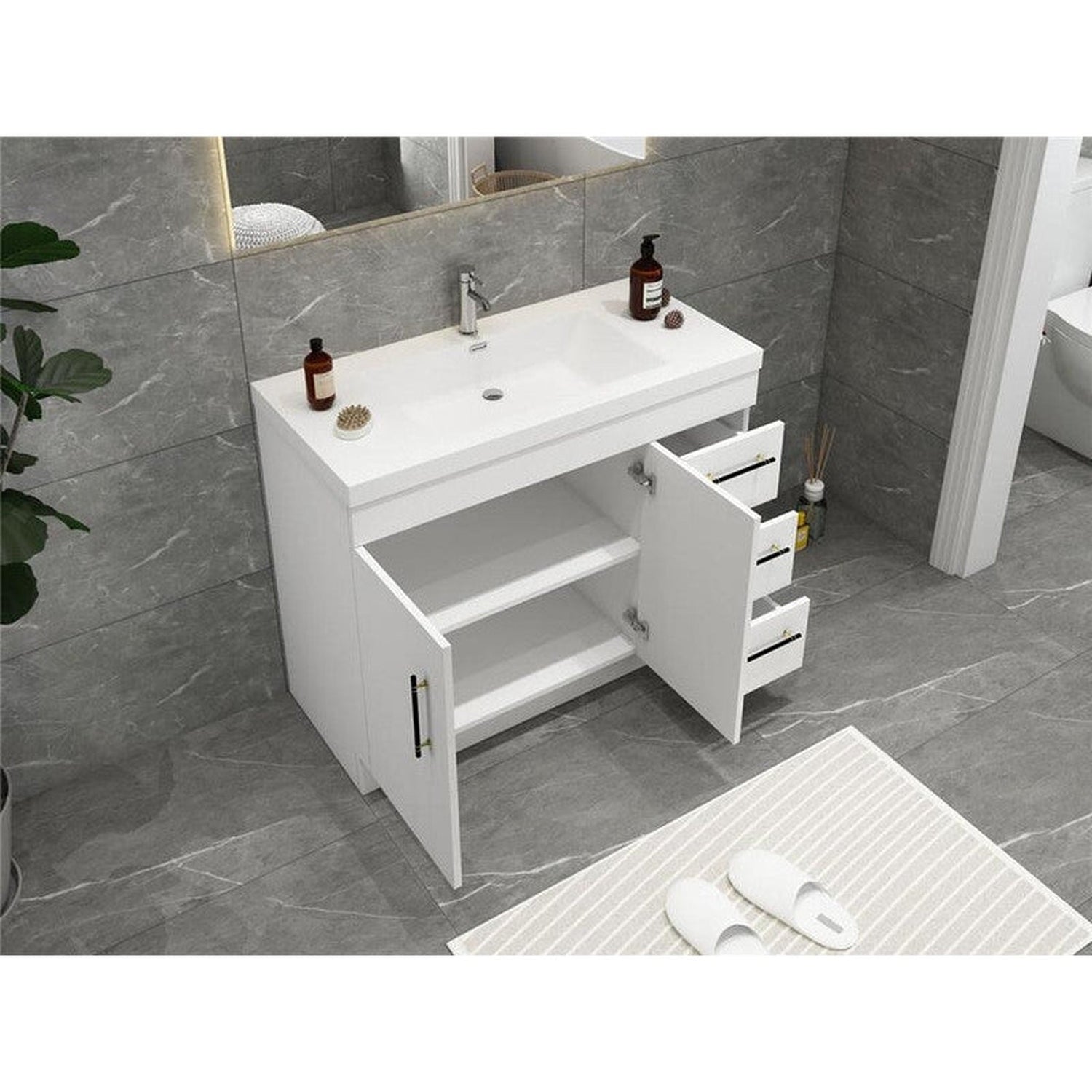 Elara 42&quot; High Gloss White Freestanding Vanity With Right Side Drawers and Single Reinforced White Acrylic Sink