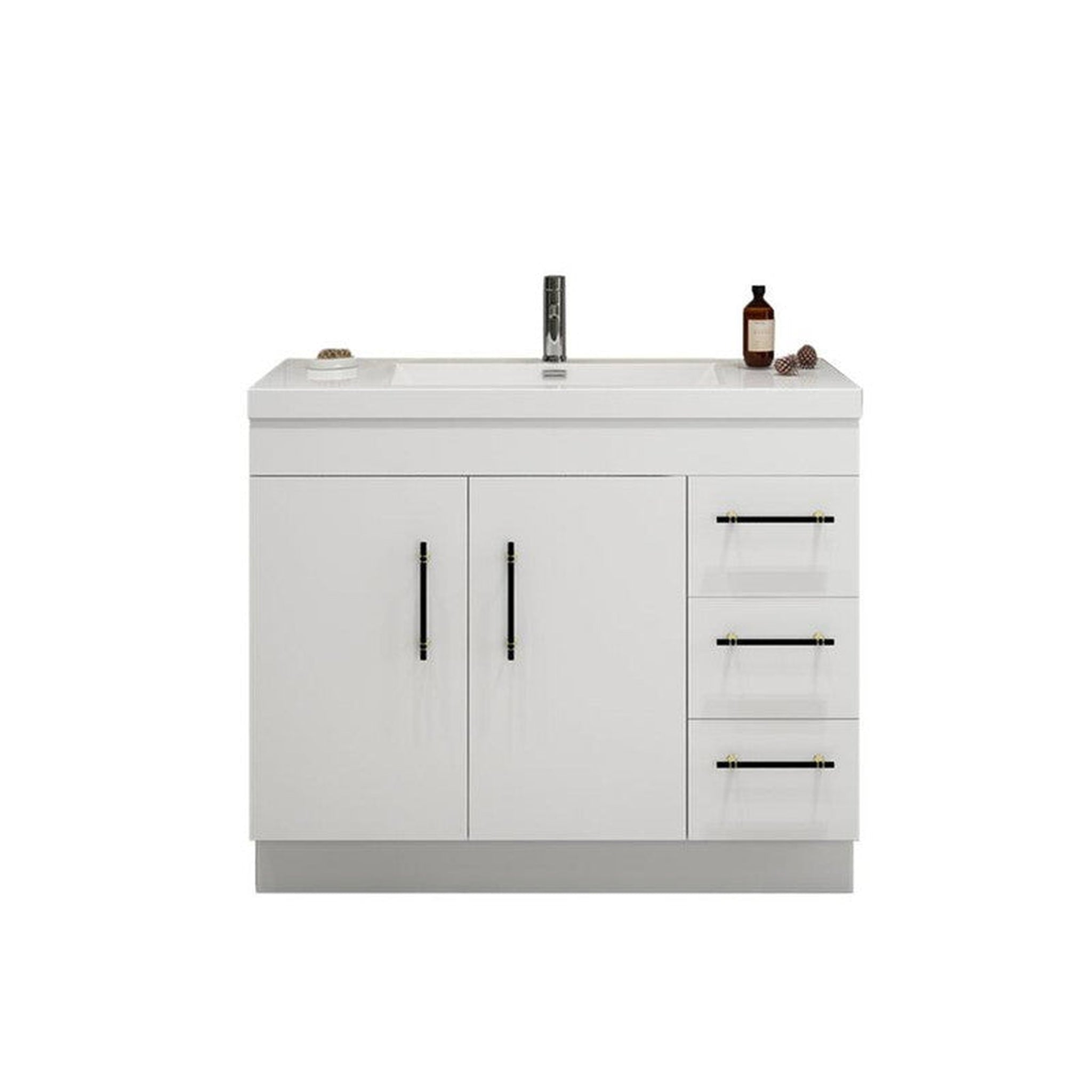 Elara 42&quot; High Gloss White Freestanding Vanity With Right Side Drawers and Single Reinforced White Acrylic Sink