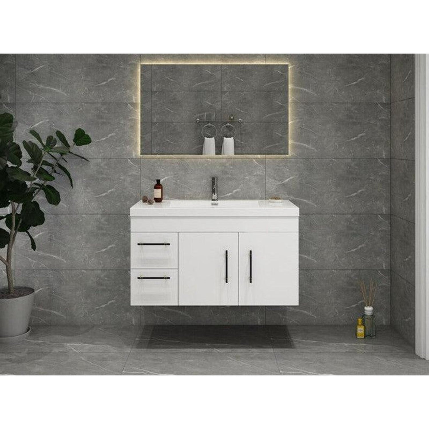 Elara 42&quot; High Gloss White Wall-Mounted Vanity With Left Side Drawers and Single Reinforced White Acrylic Sink