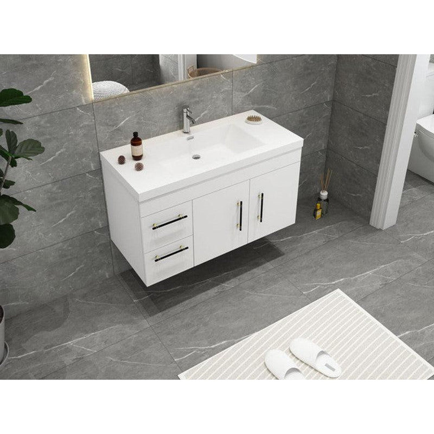 Elara 42&quot; High Gloss White Wall-Mounted Vanity With Left Side Drawers and Single Reinforced White Acrylic Sink