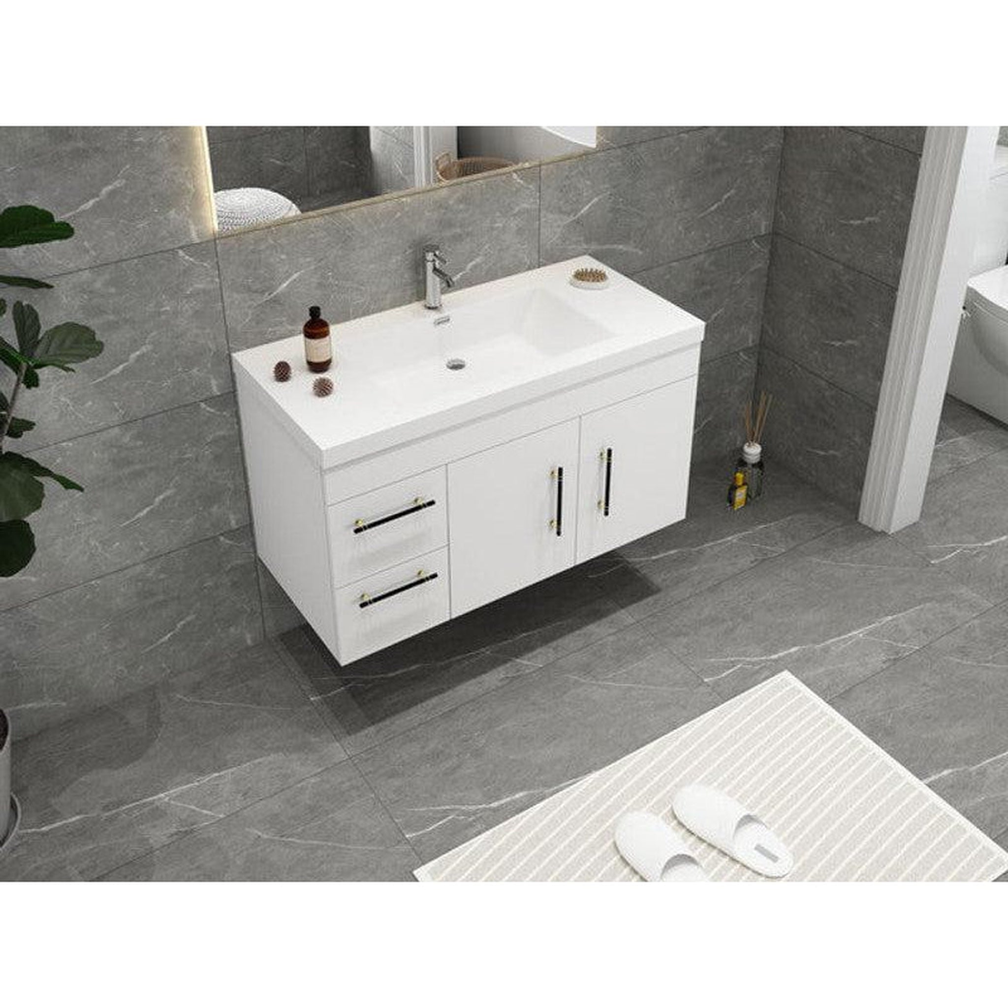 Elara 42&quot; High Gloss White Wall-Mounted Vanity With Left Side Drawers and Single Reinforced White Acrylic Sink