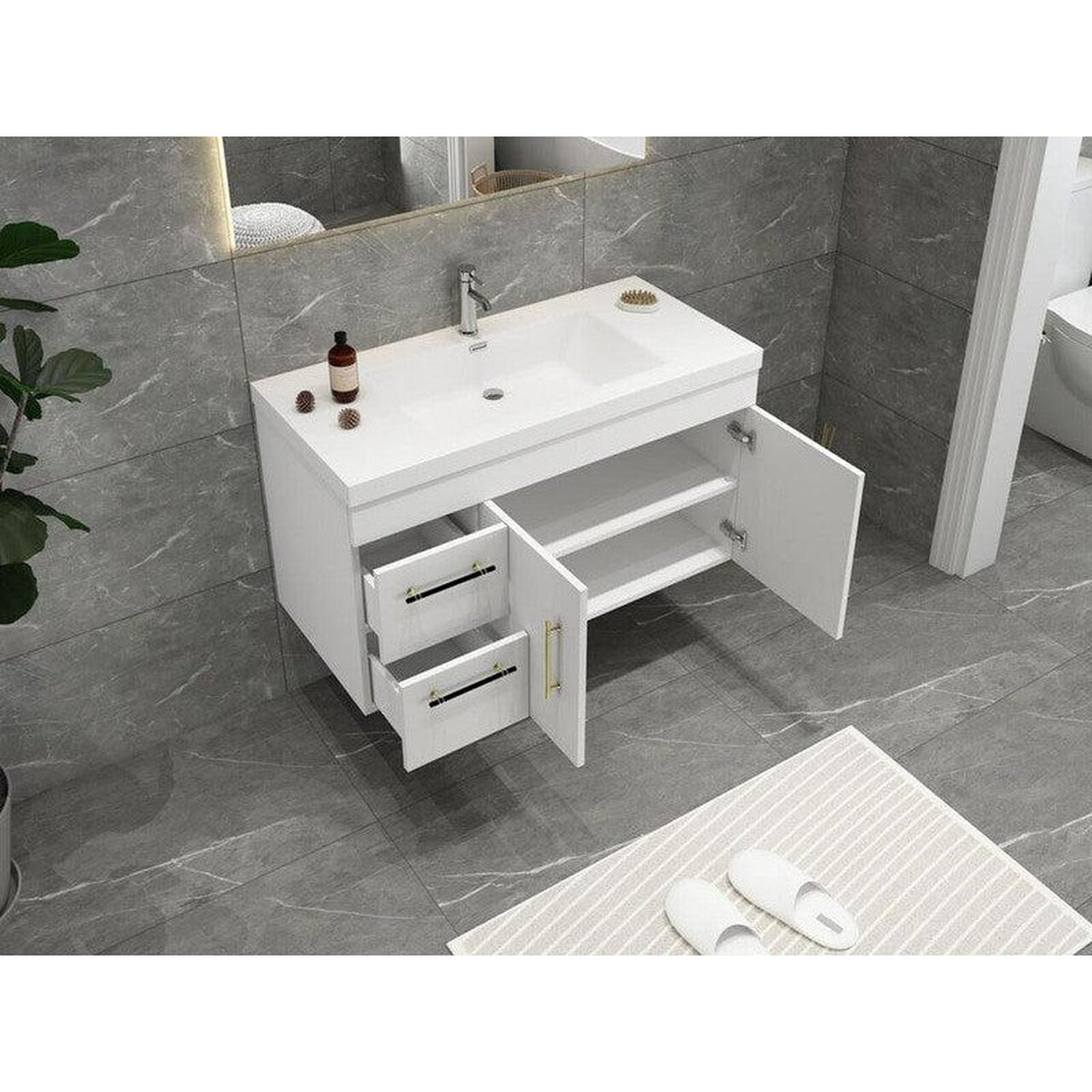 Elara 42&quot; High Gloss White Wall-Mounted Vanity With Left Side Drawers and Single Reinforced White Acrylic Sink