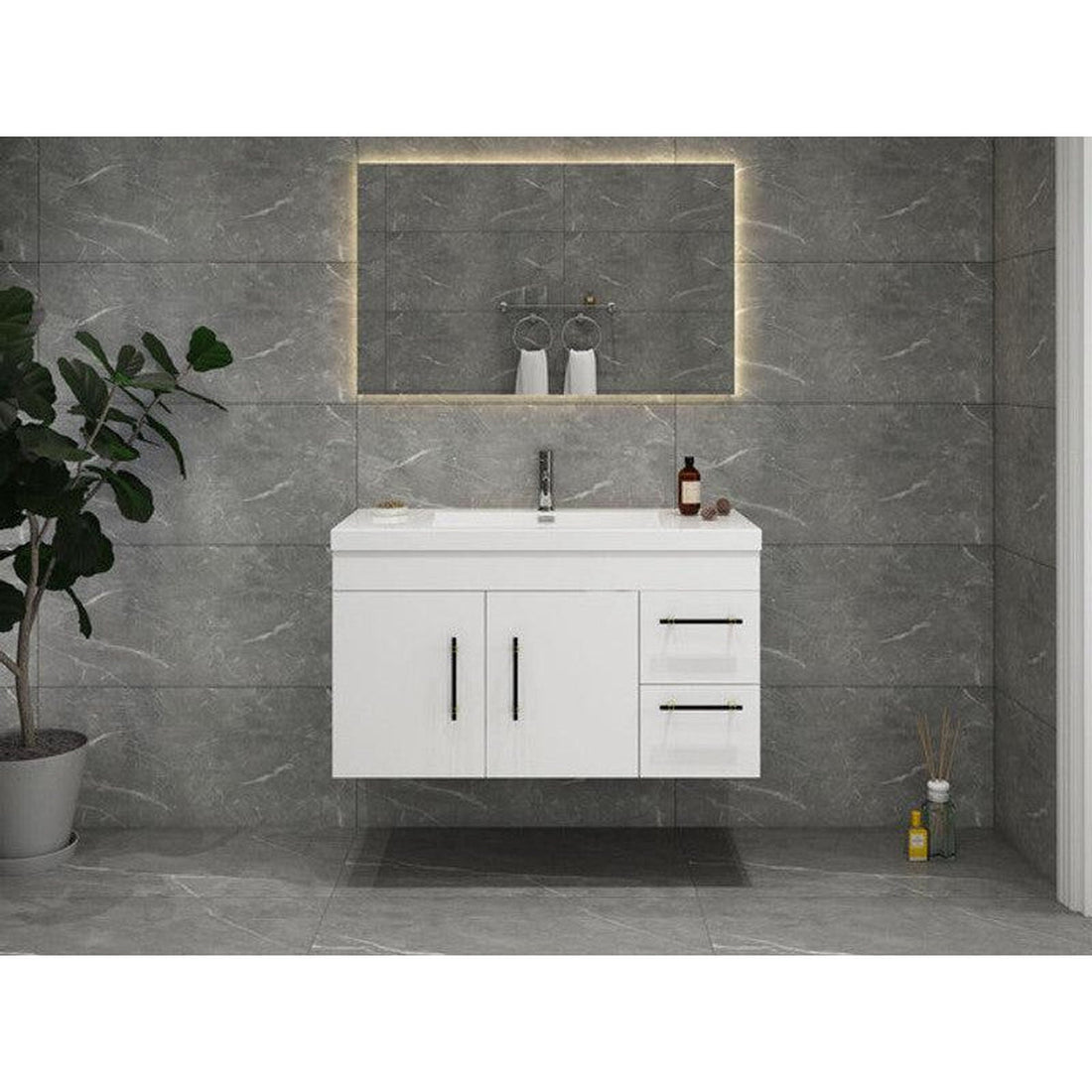 Elara 42&quot; High Gloss White Wall-Mounted Vanity With Right Side Drawers and Single Reinforced White Acrylic Sink