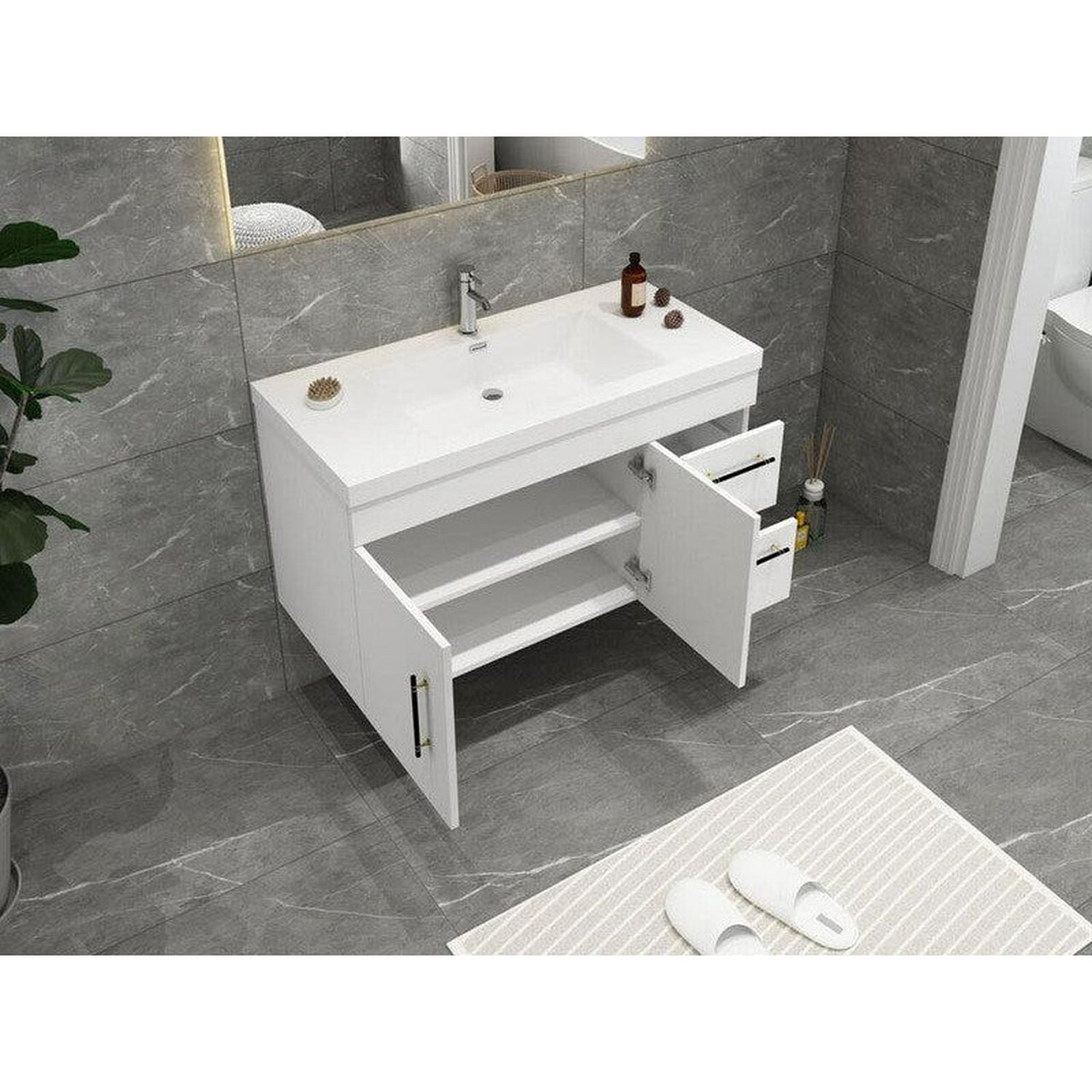 Elara 42&quot; High Gloss White Wall-Mounted Vanity With Right Side Drawers and Single Reinforced White Acrylic Sink