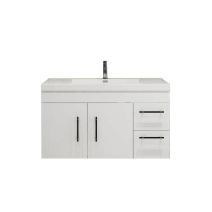 Elara 42&quot; High Gloss White Wall-Mounted Vanity With Right Side Drawers and Single Reinforced White Acrylic Sink