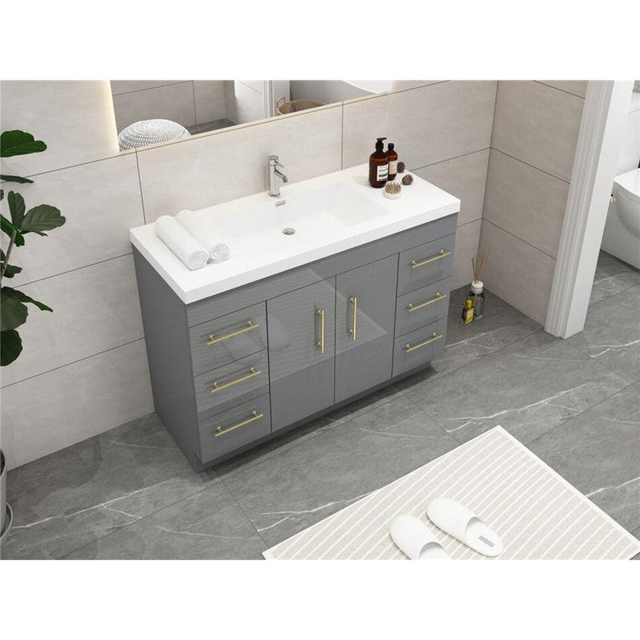 Elara 48&quot; High Gloss Gray Freestanding Vanity With Single Reinforced White Acrylic Sink