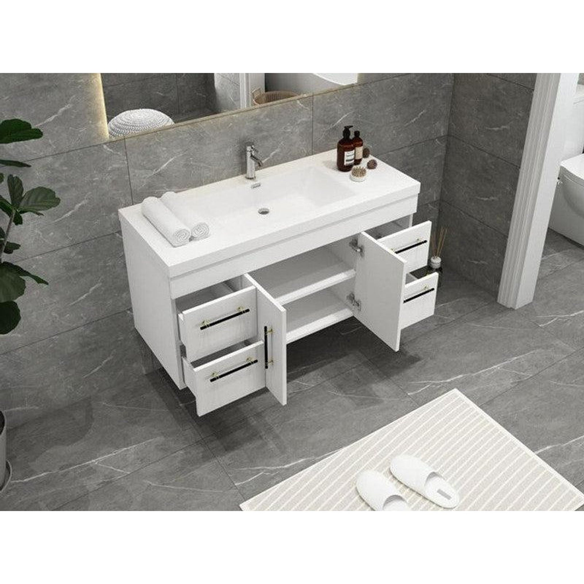 Elara 48&quot; High Gloss White Wall-Mounted Vanity With Single Reinforced White Acrylic Sink